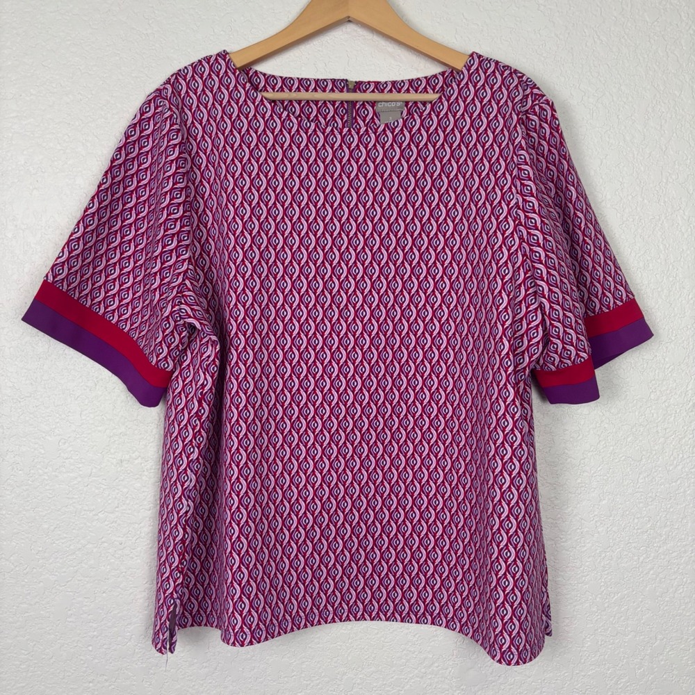 Chico's Women's Blouse SZ 3 XL Pink Purple Geometric Short Sleeve Office Career